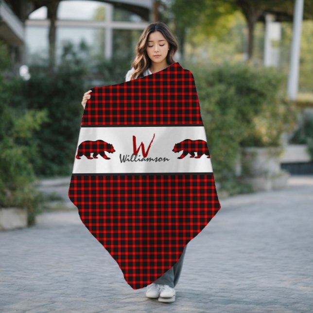 Couverture Polaire Ours Plaid de bûcheron rouge Monogramme (Créateur téléchargé)