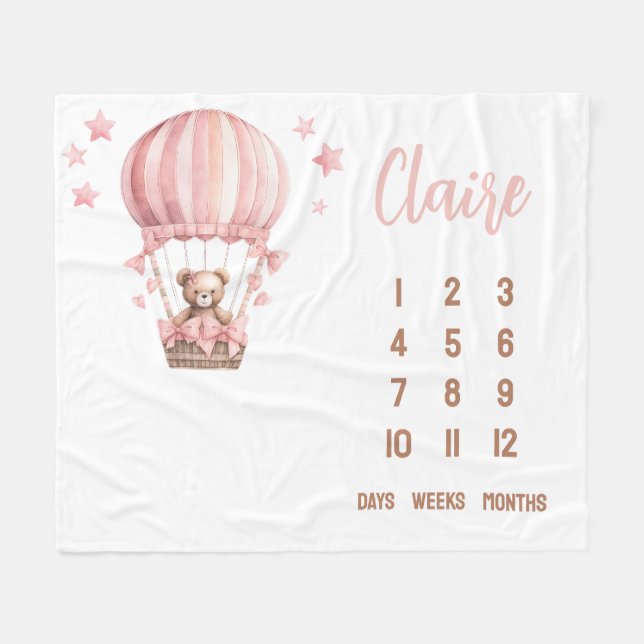 Couverture Polaire Ours rose dans l'air chaud Balloon Baby Milestone (Devant (Horizontal))