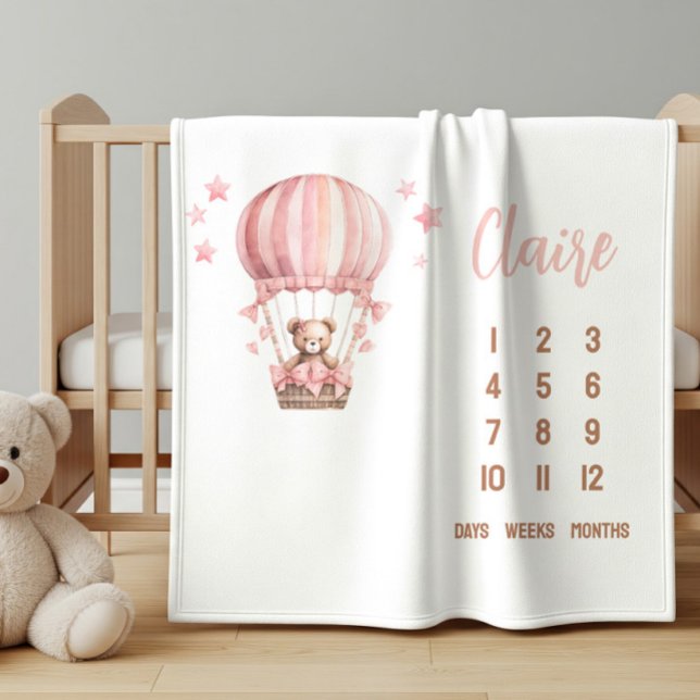 Couverture Polaire Ours rose dans un bébé montgolfière étape importan (Créateur téléchargé)