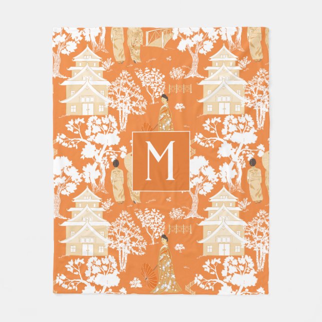 Couverture Polaire Pagode de la Chinoiserie orange Monogramme (Devant)