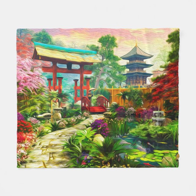 Couverture Polaire Pagode Japonaise Du Jardin Sakura Et Cascade (Devant (Horizontal))