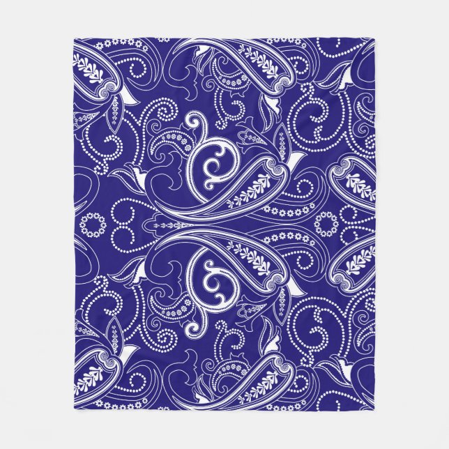 Couverture Polaire Paisley monochrome : bleu, blanc élégance. (Devant)
