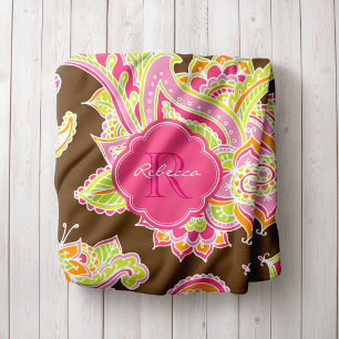 Couverture Polaire Paisley rose et Brown Boho Monogramme