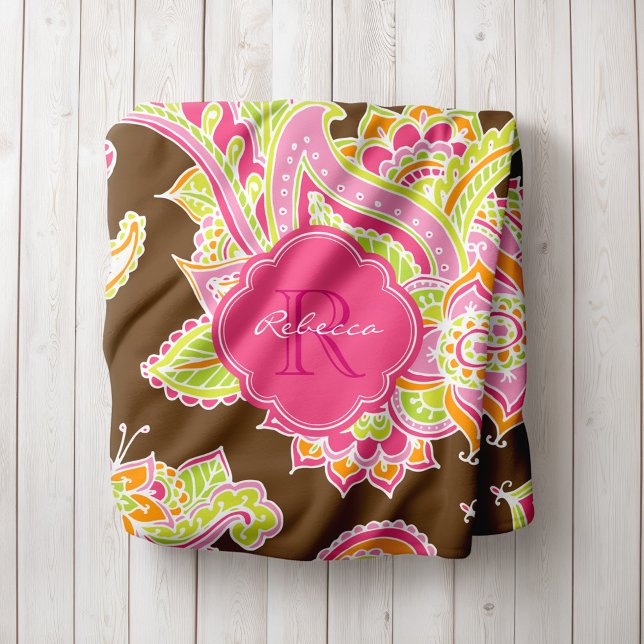 Couverture Polaire Paisley rose et Brown Boho Monogramme (Créateur téléchargé)