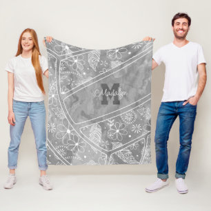 Couverture Polaire paislies plumes fleurs motif gris volley