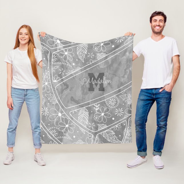 Couverture Polaire paislies plumes fleurs motif gris volley (En situation)