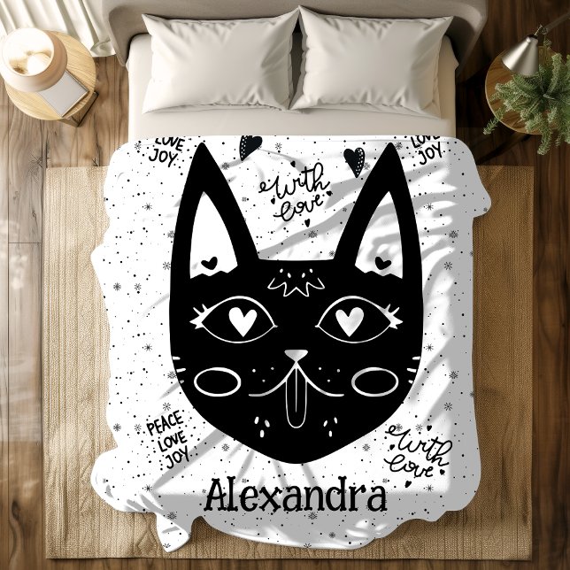 Couverture Polaire Paix noire et blanche, Amour, Joie Personnalisé Ch (Black and White Peace, Love, Joy Custom Cat Mom Fleece Blanket)