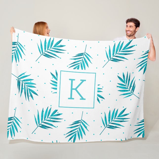 Couverture Polaire Palmier tropical feuille motif blanc et bleu-vert (En situation)
