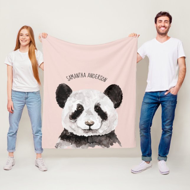 Couverture Polaire Panda Aquarelle Moderne Avec Nom Et Pastel Rose (En situation)