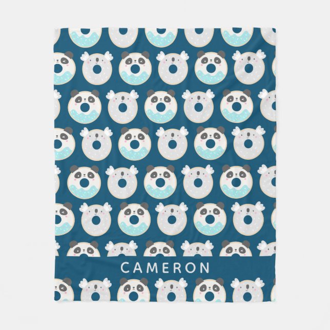 Couverture Polaire Panda Koala Kawaii Donuts Blue Nom personnalisé (Devant)