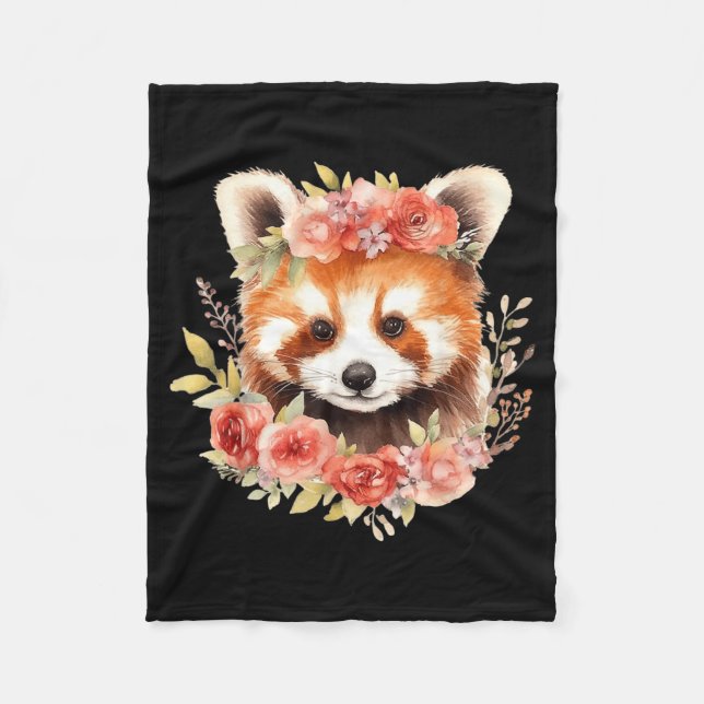 Couverture Polaire Panda roux avec couronne de fleurs design unisexe  (Devant)