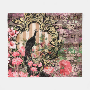 Couverture Polaire Paon et fleurs grunge illustrés antiques
