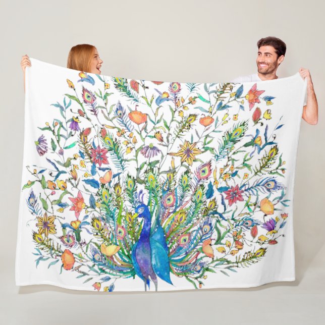 Couverture Polaire Paon floral aquarelle  (En situation)