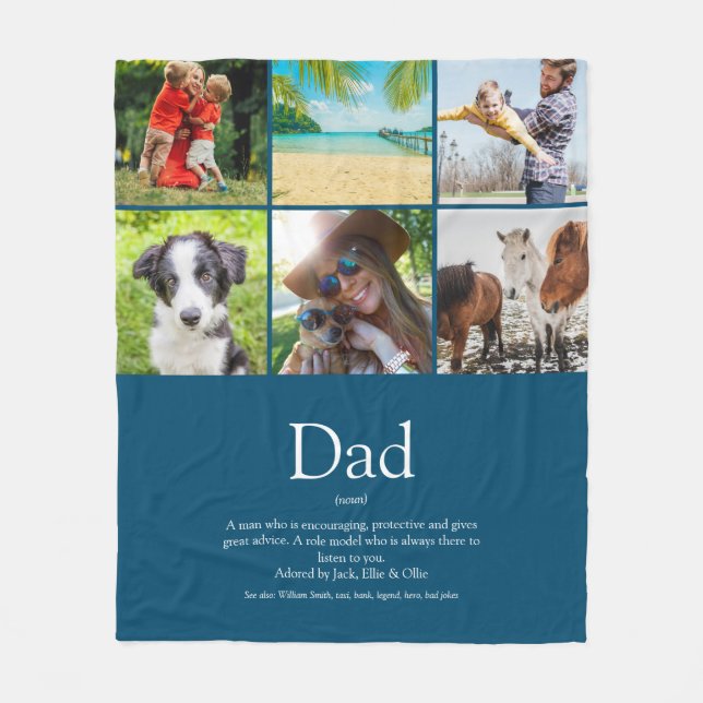 Couverture Polaire Papa Father Définition 6 Collage Photo Bleu (Devant)