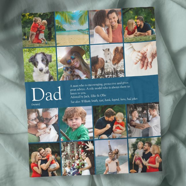 Couverture Polaire Papa père Définition 16 Photos Collage Bleu (Dad Papa Father Definition 16 Photo Collage Blue Fleece Blanket)