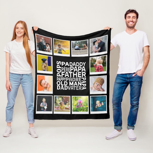 Couverture Polaire Papa Pops Père Vieux Homme Photo Collage Chic Noir (En situation)