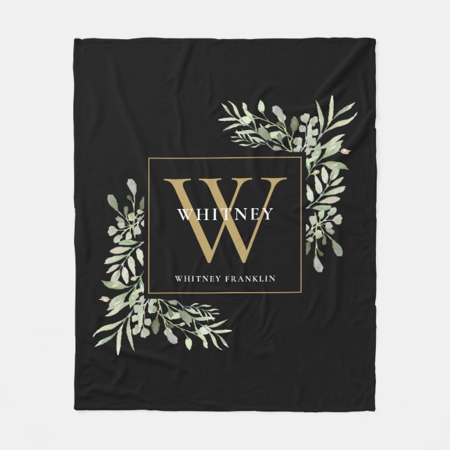 Couverture Polaire Papier à monogramme doré sur fond noir avec verdur (Devant)