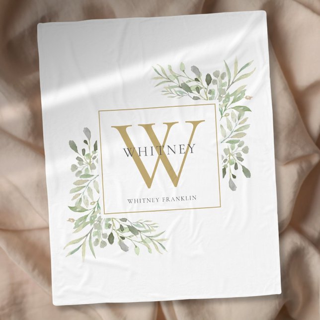 Couverture Polaire Papier peint à motif de verdure à monogramme doré  (Gold Monogram Watercolor Greenery Fleece Blanket)