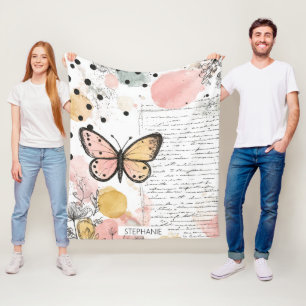 Couverture Polaire Papillon aquarelle rose or boho art de la nature (