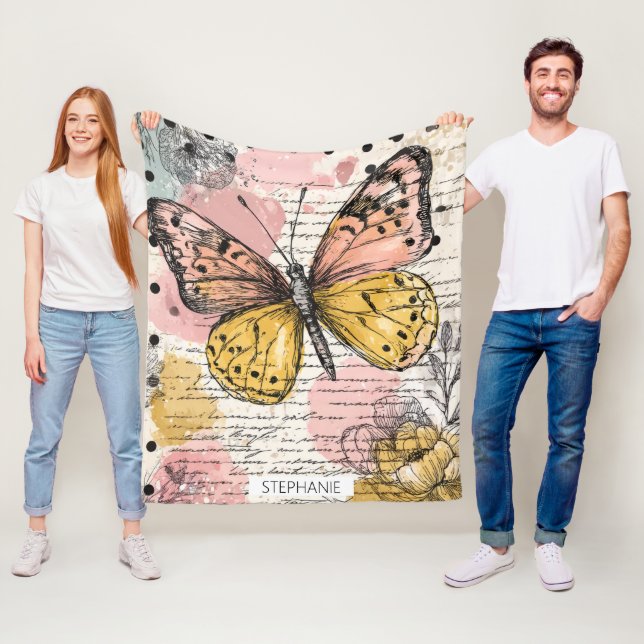 Couverture Polaire Papillon aquarelle rose or boho art nature (3) (En situation)