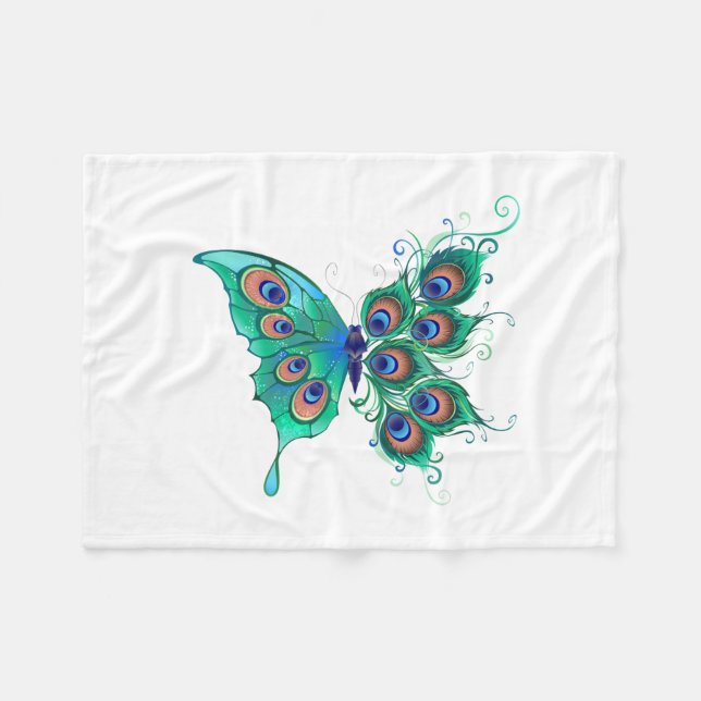 Couverture Polaire Papillon aux plumes de paon vert (Devant (Horizontal))