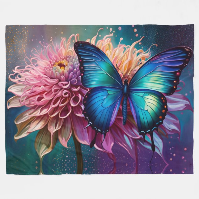 Couverture Polaire Papillon bleu et Dahlia (Devant (Horizontal))