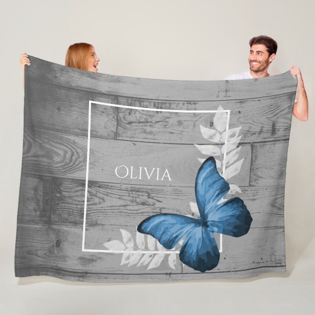 Couverture Polaire Papillon bleu Rustique Personnalisée Blanche Toiso (En situation)