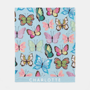 Couverture Polaire Papillon coloré Motif Pastel Blue Nom personnalisé