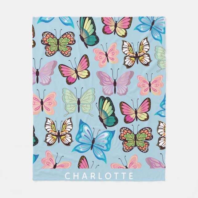 Couverture Polaire Papillon coloré Motif Pastel Blue Nom personnalisé (Devant)