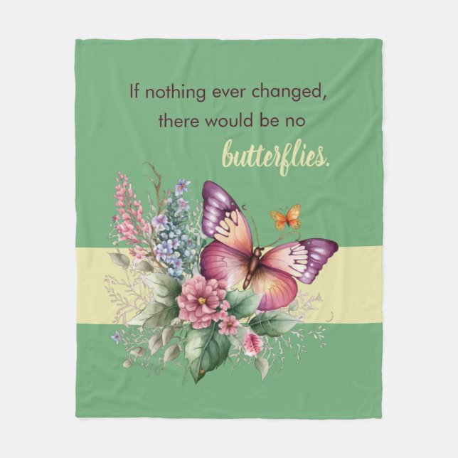 Couverture Polaire Papillon d'encouragement et fleurs sur fond vert (Devant)