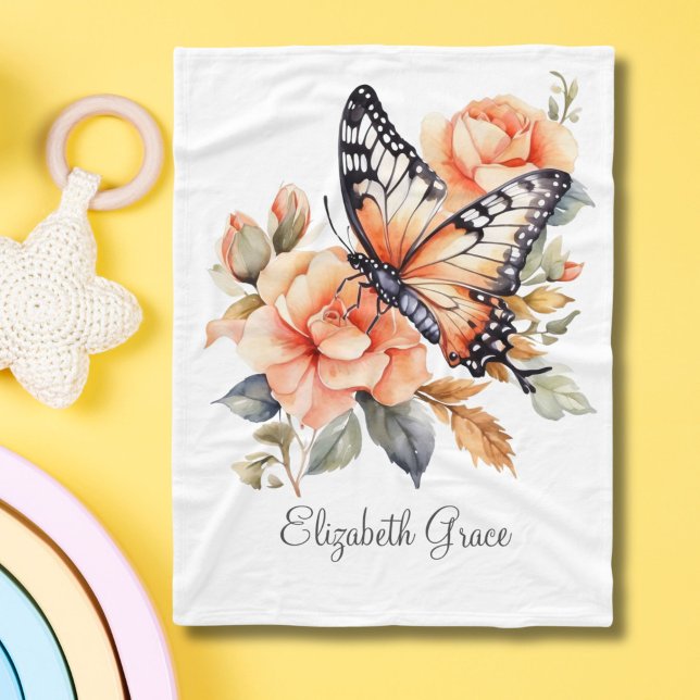 Couverture Polaire Papillon Floral Pêche Monogrammé Bébé Filles Bébé (Monogrammed Name Peach Floral Butterfly Baby Blanket)