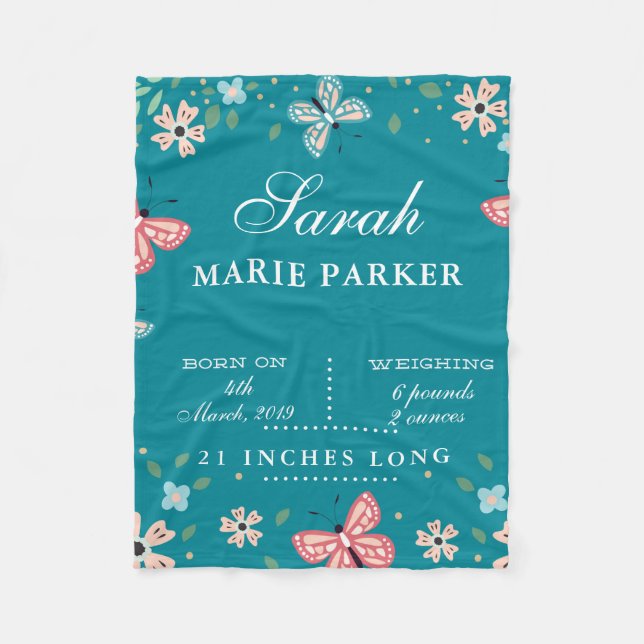 Couverture Polaire Papillon Jardin Bébé Statistiques de naissance Toi (Devant)