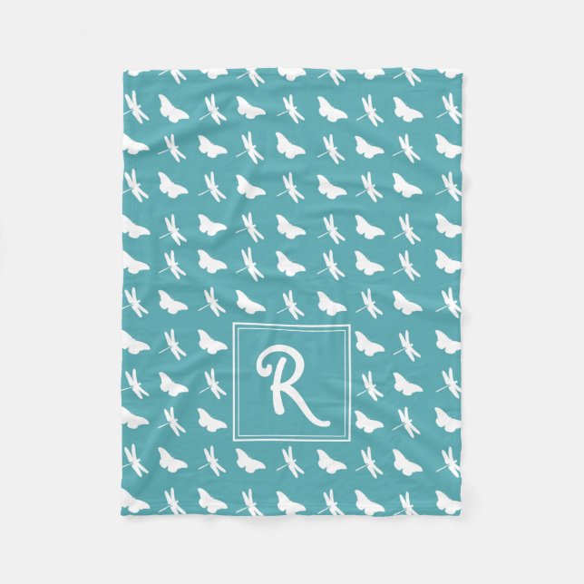 Couverture Polaire Papillon sarcelle et motif monogramme libellule (Devant)