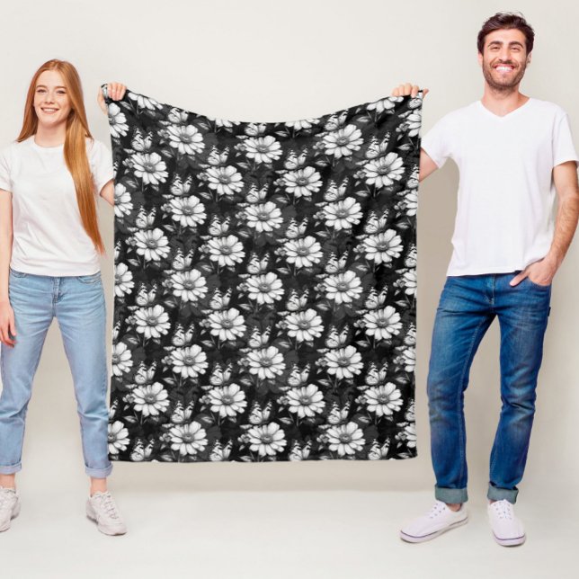 Couverture Polaire Papillon sur Motif à fleurs - Noir (Créateur téléchargé)