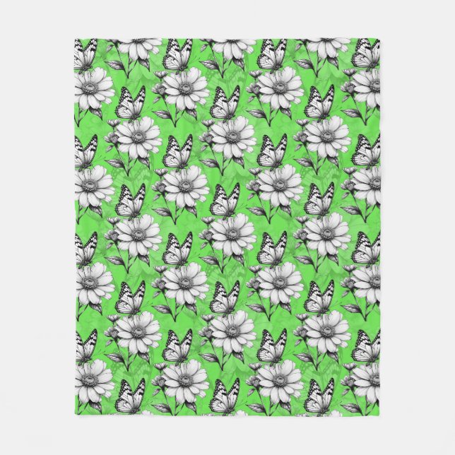 Couverture Polaire Papillon sur Motif de fleurs Design vert (Devant)