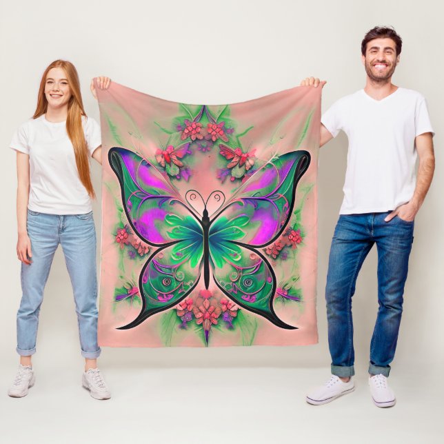 Couverture Polaire Papillon vert pourpre sur rose (En situation)