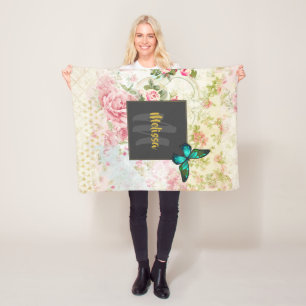 Couverture Polaire Papillon vert sur chic Vintage monogramme collage