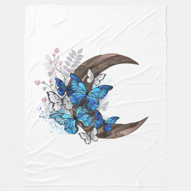 Couverture Polaire Papillons bleus sur croissant en bois (Devant)