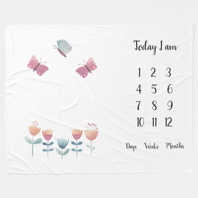 Couverture Polaire Papillons et fleurs Bébé première année jalon (Devant (Horizontal))