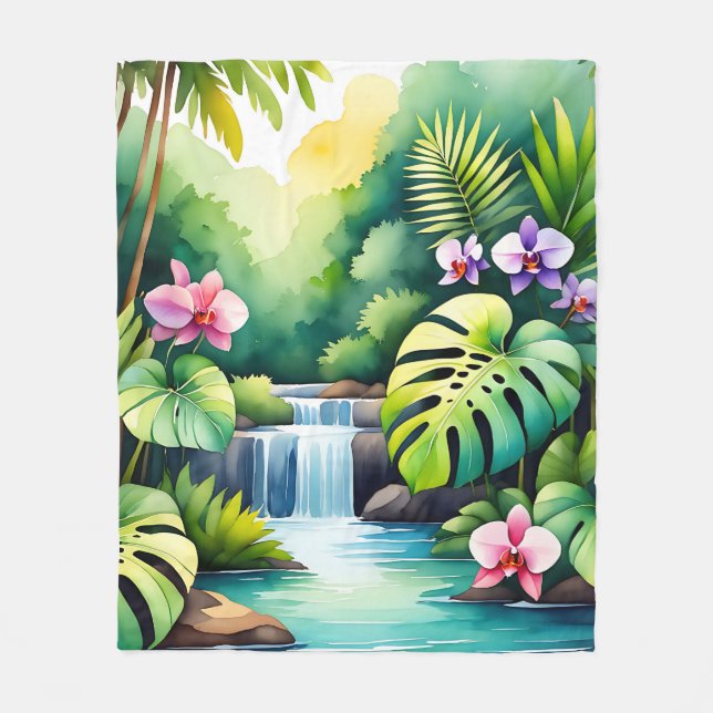 Couverture Polaire Paradis tropical de la jungle à cascade et orchidé (Devant)