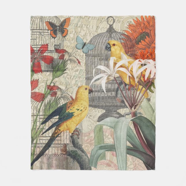Couverture Polaire Parrot Jaune Tropical Antique Fleur (Devant)