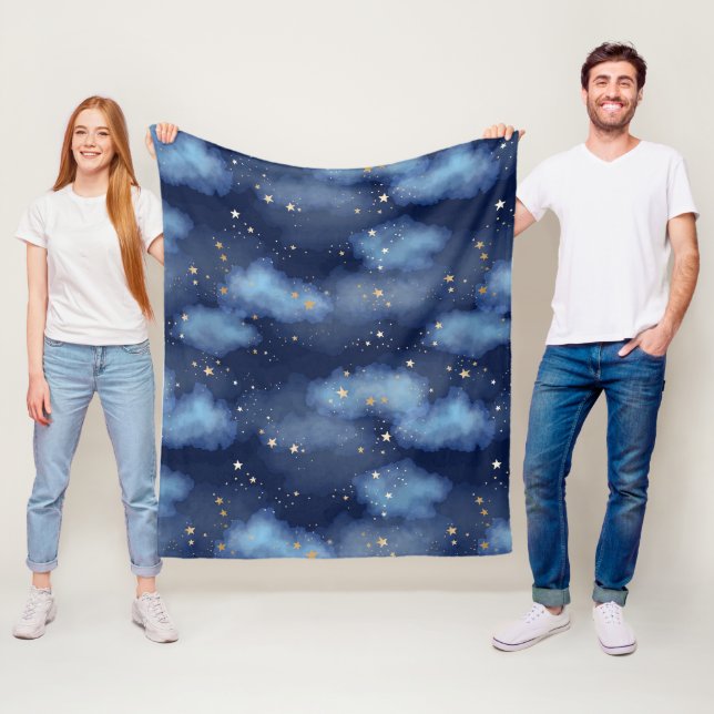 Couverture Polaire Parties scintillant Gold Stars Dark Blue Sky Motif (En situation)