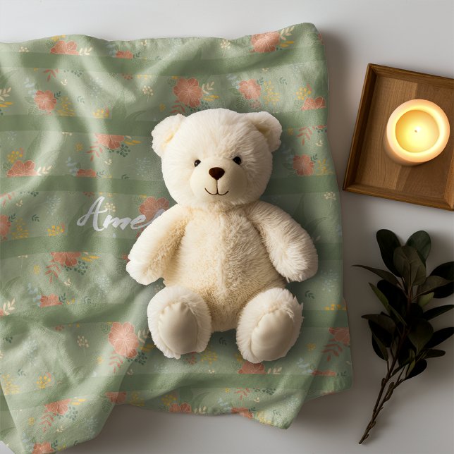 Couverture Polaire Pastel beige vert menthe fleuri rayure motif (Créateur téléchargé)