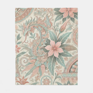 Couverture Polaire Pastel Blue Rose Boho Floral Batik Aquarelle