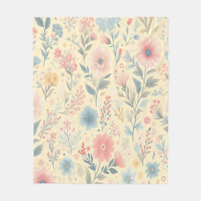 Couverture Polaire Pastel Floral rose & bleu sur jaune clair (Devant)