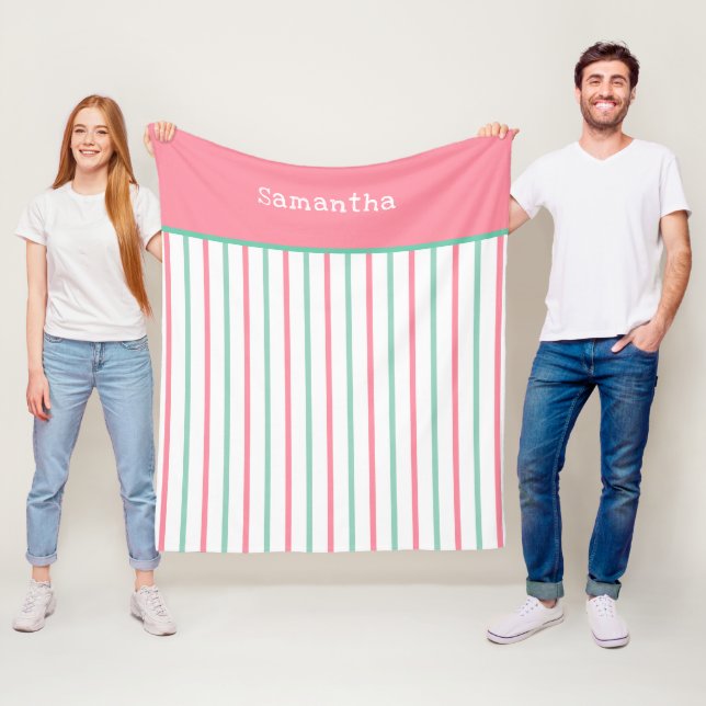 Couverture Polaire Pastel Saumon Rose Menthe Vert Rayures Nom (En situation)