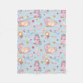 Couverture Polaire Pastel Storybook Unicorn & Floral Watercolor