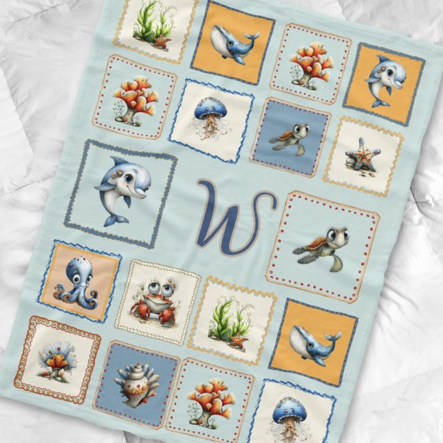 Couverture Polaire Patches de Vie Marine Mignonnes Monogramme Initial (Créateur téléchargé)