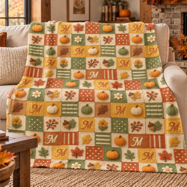 Couverture Polaire Patchwork Automnal de Citrouille Monogramme Rustiq (Créateur téléchargé)