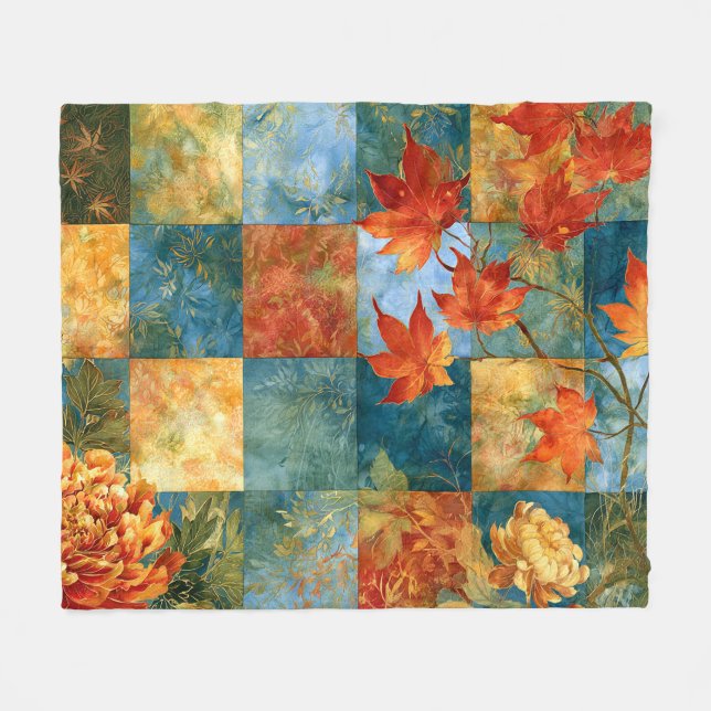 Couverture Polaire Patchwork Botanique de Feuille d'Érable d'Automne (Devant (Horizontal))